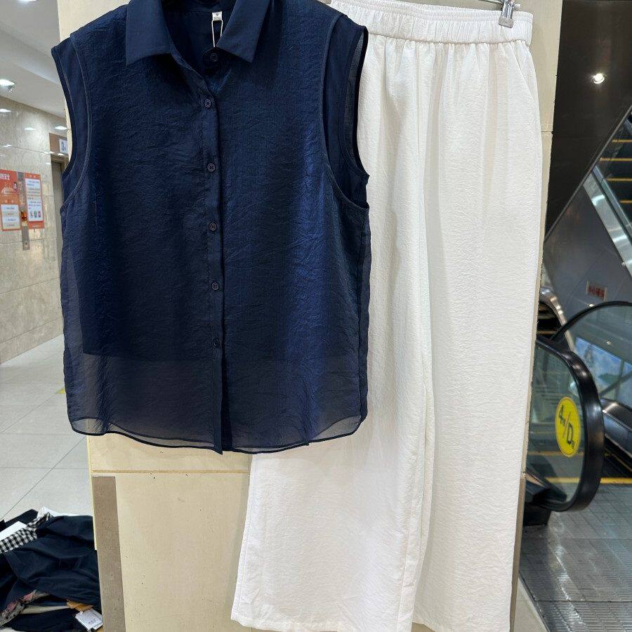 歌姿俪尔3056H 夏季2026新款女装翻领无袖上衣松紧高腰休闲裤套装
