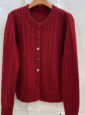 精品女装62290H 小艺欧货女装2025冬季圆领单排扣麻花纹针织开衫