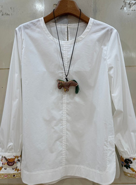 小艺欧货女装2026年春季新款中式白色刺绣圆领百搭气质衬衫26612H