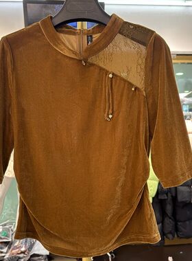 2026春季新款通勤风蕾丝拼接丝绒衬衫女五分袖圆领百搭上衣93357H