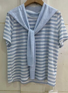 小艺欧货女装2026春夏款韩系披肩设计感条纹显瘦短袖针织衫99657H