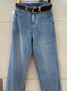 小艺欧货女装2026年春季新款高腰直筒做旧水洗配腰带牛仔裤66303H