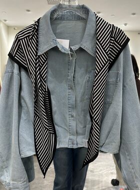 小艺欧货女装2026年春季新款翻领条纹披肩宽松显瘦牛仔外套26026H