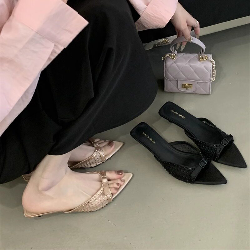 尖头亮片中沙滩银色拖凉鞋女跟鞋子水钻时尚黑色新款凉高跟鞋拖鞋