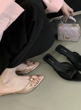 尖头亮片中沙滩银色拖凉鞋女跟鞋子水钻时尚黑色新款凉高跟鞋拖鞋