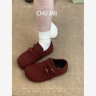 羊皮版~复古红色加绒勃肯鞋女圆头内增高棉鞋秋冬保暖毛毛乐福鞋