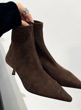 美拉德弹力洋气绒面跟TLE MIKELIN短靴尖头骑士法式复古瘦瘦细中