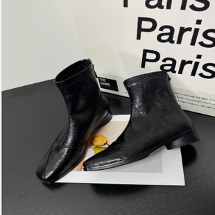 Narary鞋履方头拼接粗跟显瘦弹力瘦瘦靴后拉链通勤短靴L1001