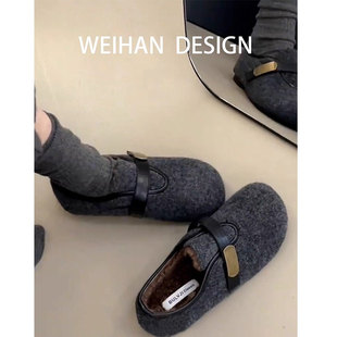 羊皮版!复古加绒厚底勃肯鞋女金属皮带扣豆豆单鞋秋冬外穿乐福鞋