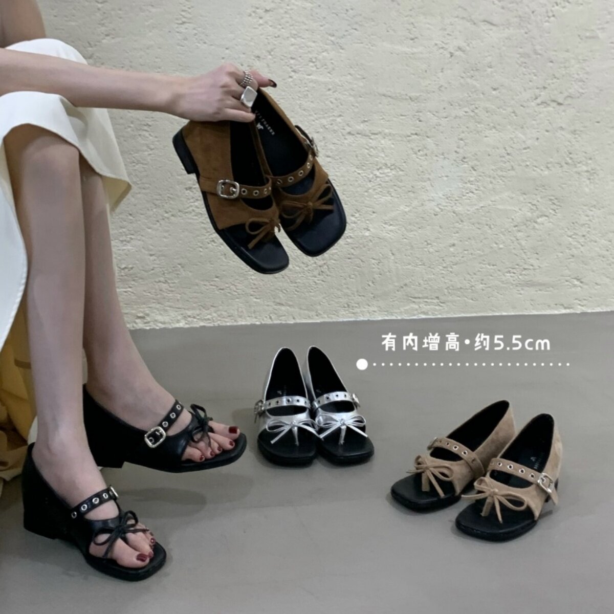 法式蝴蝶结夹趾皮带扣内凉靴女夏外穿精致设计感小众包跟凉靴