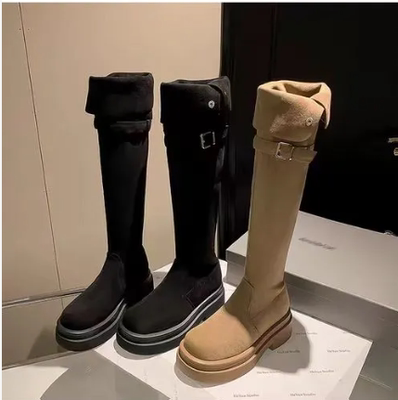 加宽加肥厚底两穿翻扣过膝骑士靴