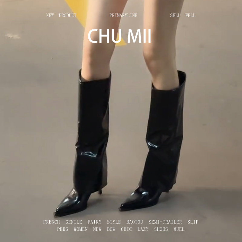 羊皮版~辣妹复古高跟裤管靴女显瘦真皮尖头长靴韩版极简风骑士靴