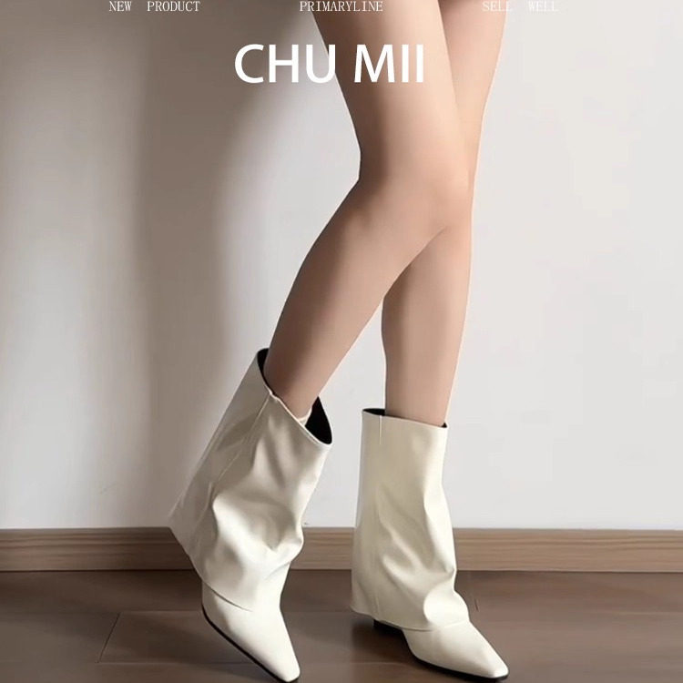 羊皮版~白色尖头坡跟裤管靴女高跟高级感短靴显瘦真皮辣妹马丁靴