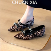 羊皮版 女真皮内增高瓢鞋 性感豹纹软底玛丽珍鞋 女尖头蝴蝶结包鞋