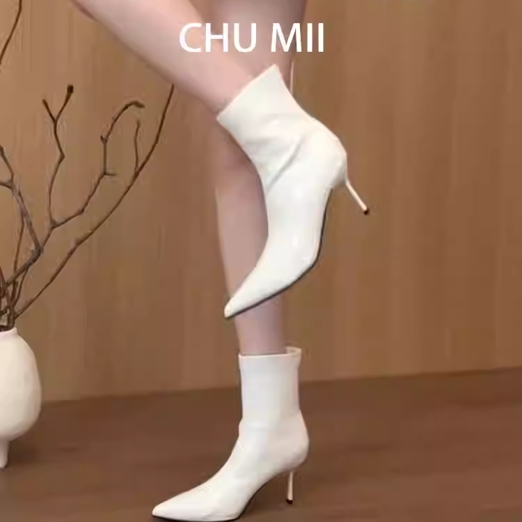 羊皮版~欧美气质尖头短靴女法式简约风高跟瘦瘦靴显瘦通勤马丁靴