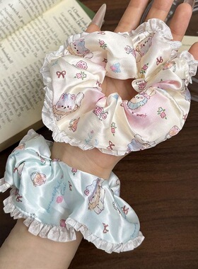 森系油画猫咪粉蓝色系仙美大肠发圈女可爱夏季甜美少女丸子头发饰