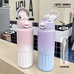 小茶日记女生800ml容量便携吸管水杯不锈钢保温杯学生运动随手杯