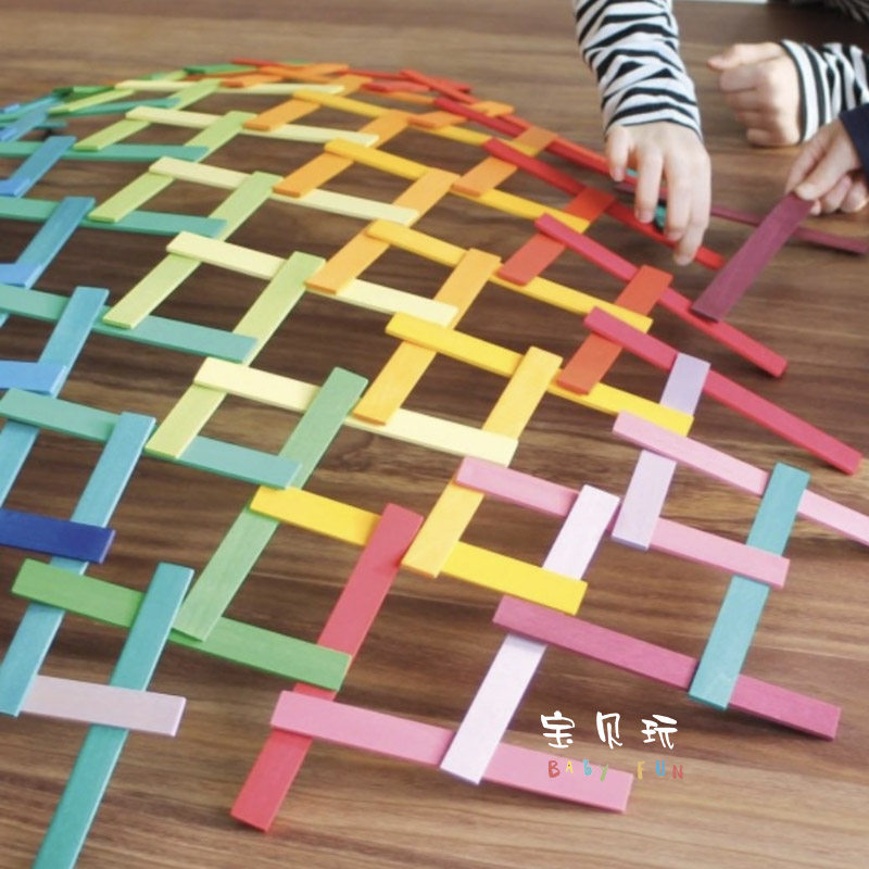 宝贝玩跨境木制彩虹色木片积木达芬奇桥创意拼搭开放式幼儿童玩具