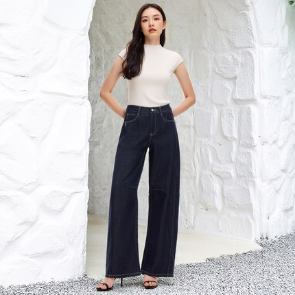 ZYQVM MODA纯棉牛仔裤女2025秋季新款显瘦百搭撞色明线宽松阔腿裤