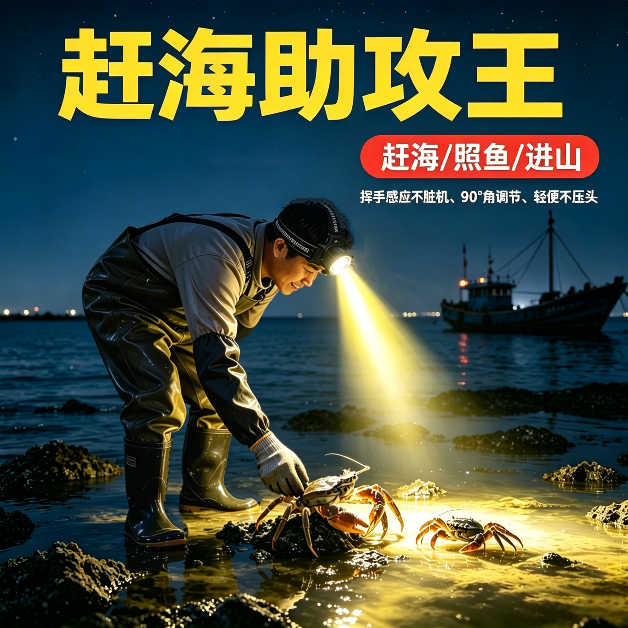 赶海头灯野外头戴式强光照鱼户外专用感应长续航夜钓照明充电电筒