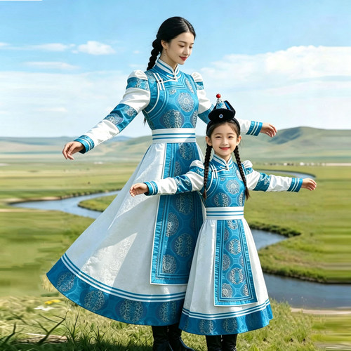 蒙古袍母女装亲子装蒙古袍儿童演出服成人演出服装拍照打卡蒙古服