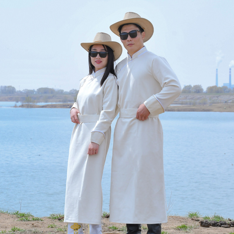 蒙古袍情侣款白色长袍蒙古族男女日常生活装新款旅游拍照演出服