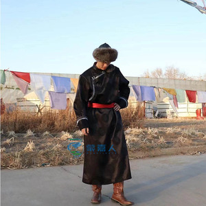 蒙古袍秋冬男士皮毛一体日常生活装黑色白色男款蒙族表演演出服装