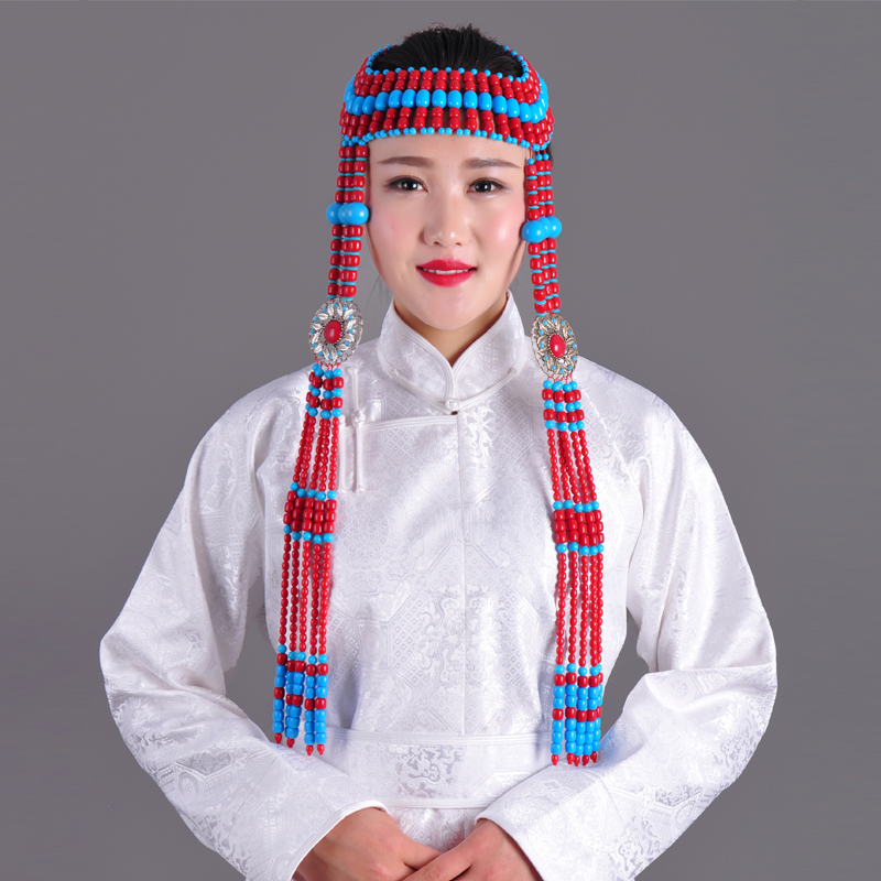 蒙古头饰女 新娘蒙古舞头饰女演出 长款手工珠子串珠蒙古配饰表演