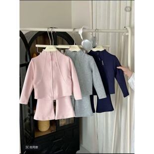 女童春秋款卫衣套装2026女宝宝韩版拉链短款外套儿童喇叭裤两件套