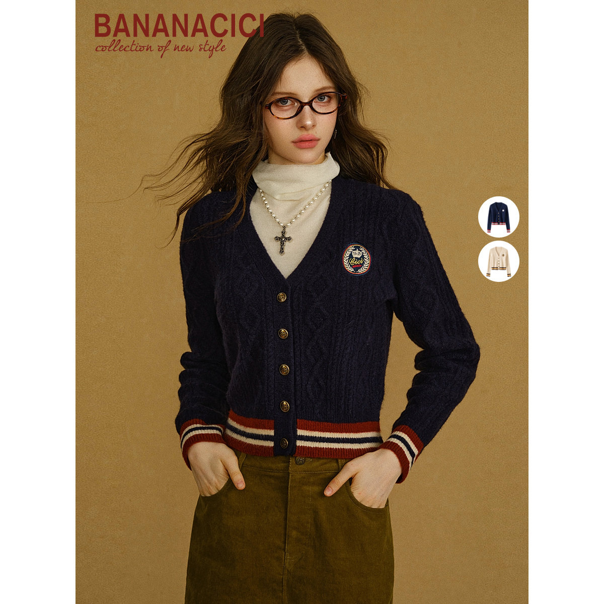 BANANA CICI2025年冬季新款学院风撞色徽章V领麻花针织开衫外套