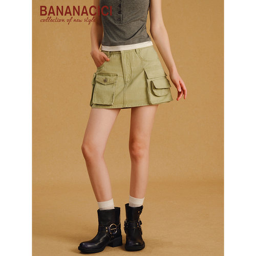 BANANA CICI2026年夏季新款复古甜酷工装多口袋低腰牛仔短半裙女