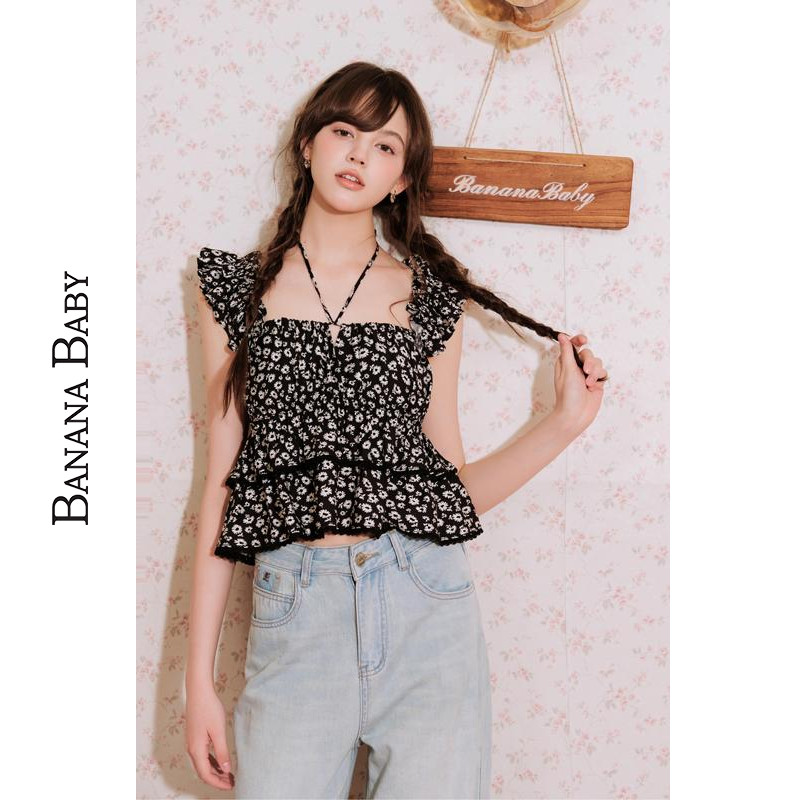 BANANA BABY2025年夏新款甜美日系碎花吊带女方领荷叶边系带衬衣