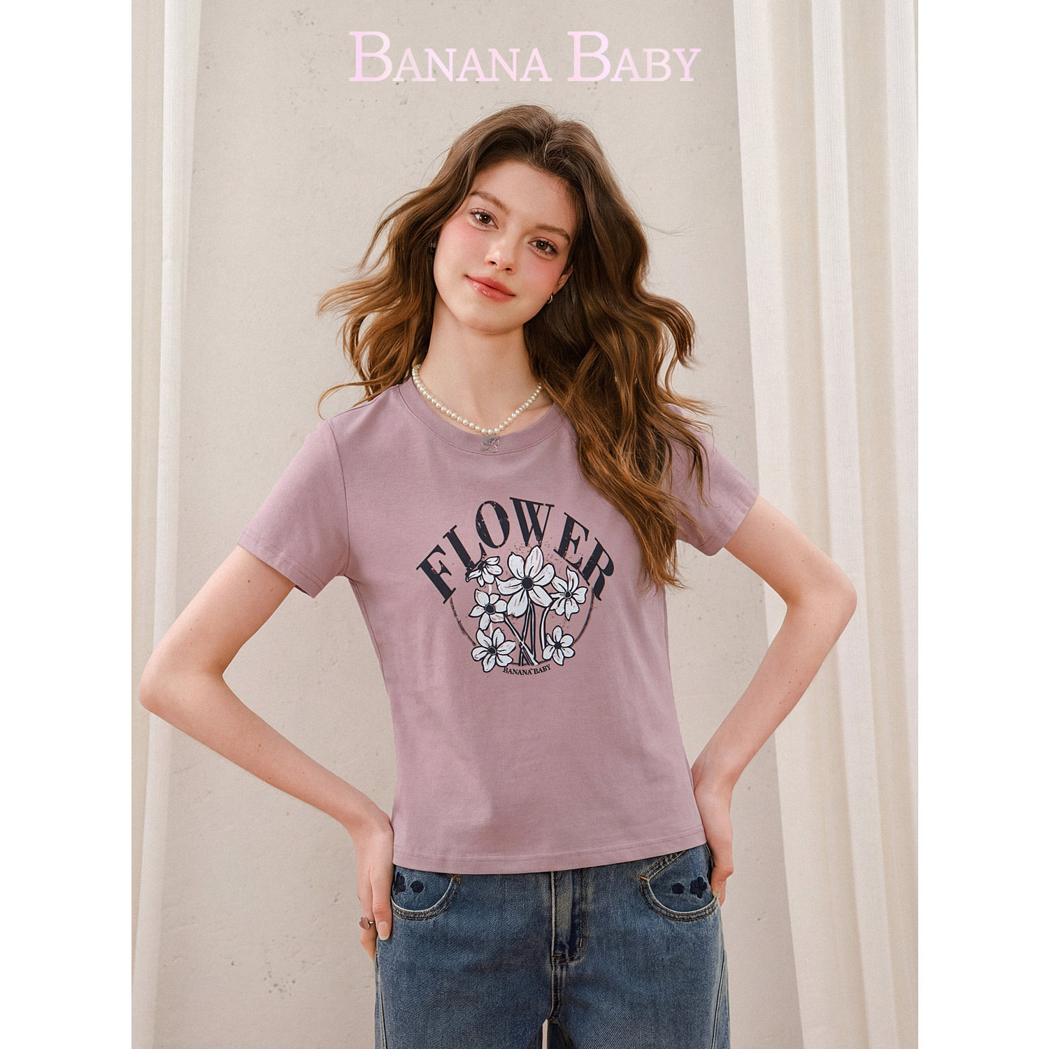 BANANA BABY2026年秋新款甜美减龄趣味花朵印花圆领宽松短袖女T恤