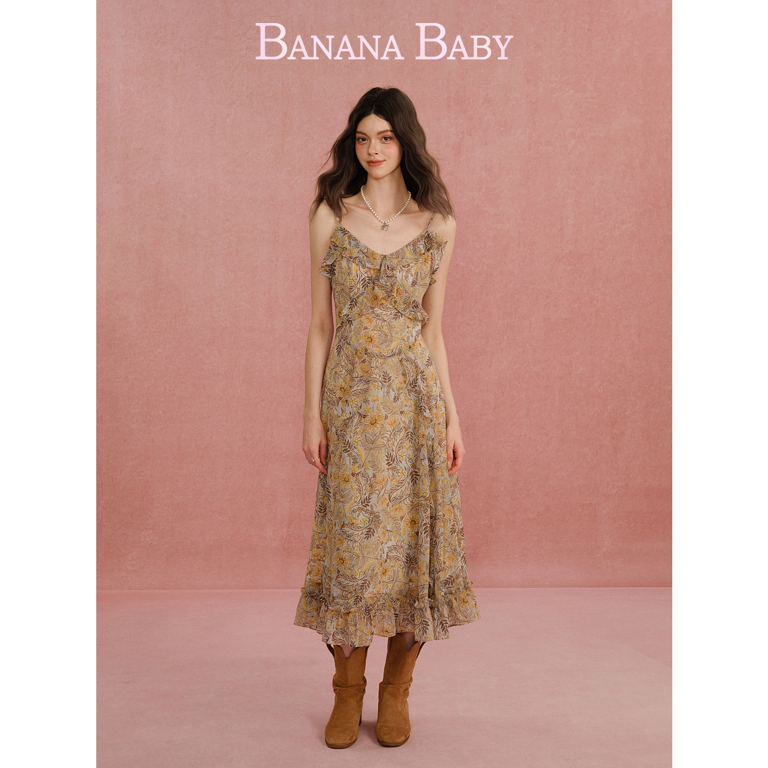 BANANA BABY2026年春新款甜美度假风荷叶边印花吊带连衣裙女长裙
