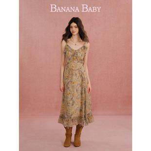 BANANA 甜美度假风荷叶边印花吊带连衣裙女长裙 BABY2026年春新款