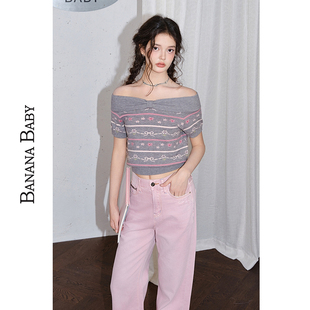 BANANA BABY2025年秋新款 条纹提花针织蝴蝶结一字肩 少女花语