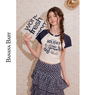 【扶桑花车】BANANA BABY2025年夏季新款复古印花T恤女插肩袖上衣