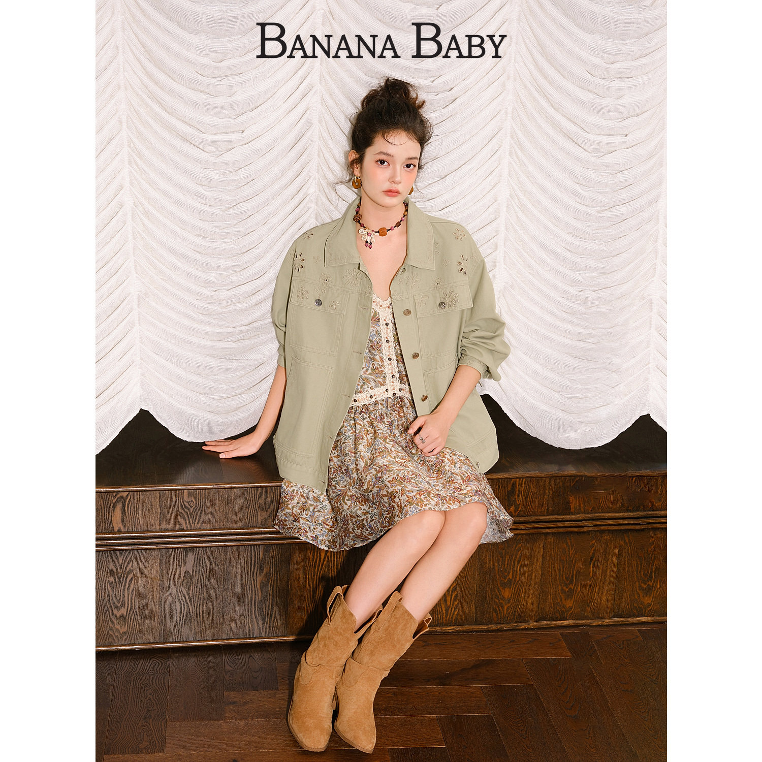 【刘美含同款】BANANA BABY2025年冬新款100%棉波普风牛仔外套女