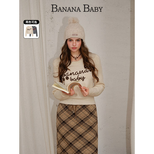 BANANA BABY2025年冬季新款甜美立体钩花字母花朵撞色毛衣女套头