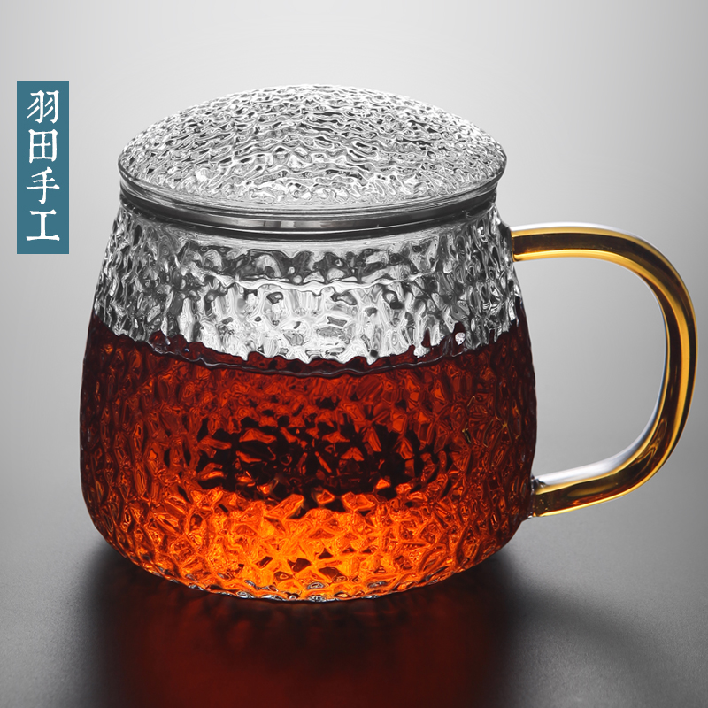 羽田日式锤纹玻璃茶杯家用办公大号水杯花茶杯过滤茶水分离泡茶杯
