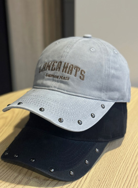 美式复古铆钉软顶棒球帽女百搭显脸小黑色鸭舌帽宽帽檐大头围帽子