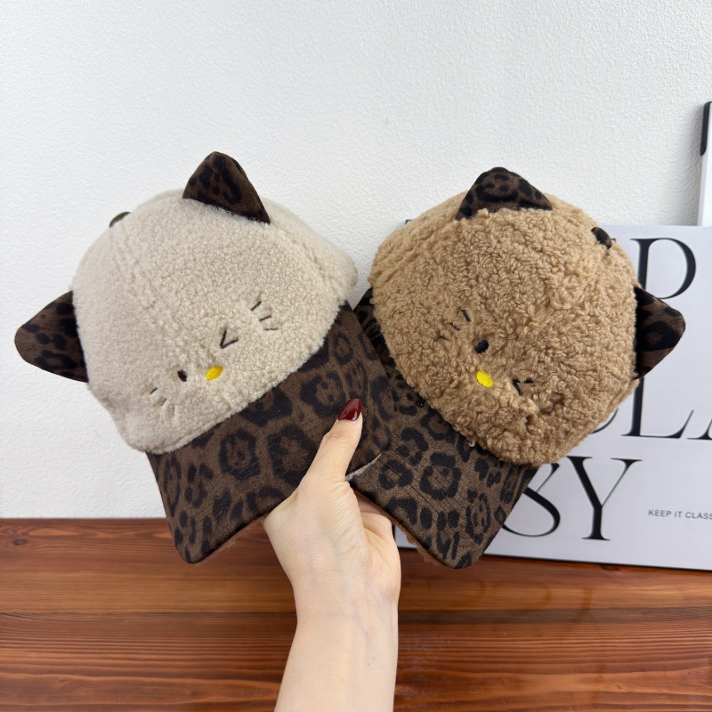 可爱豹纹帽子冬季猫咪耳朵羊羔毛