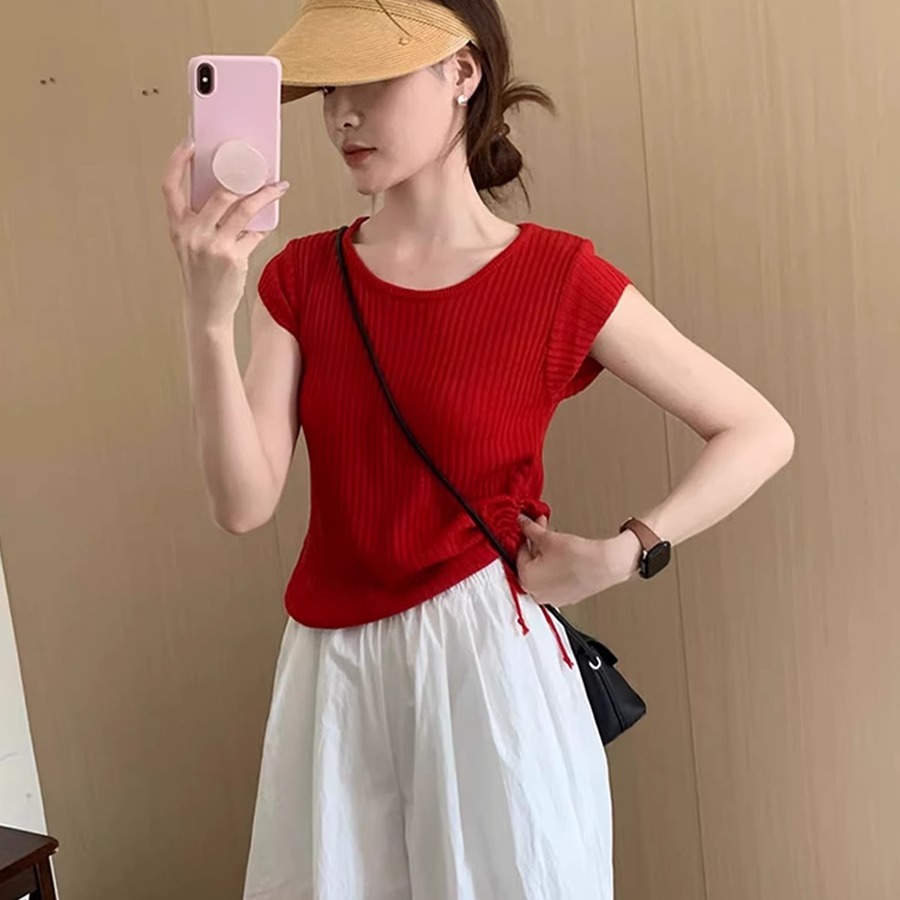 红色小飞袖冰丝短袖T恤女夏季女