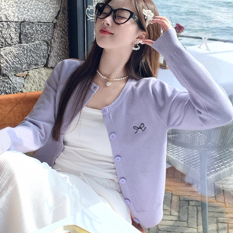 紫色针织开衫外套女春秋毛衣外搭