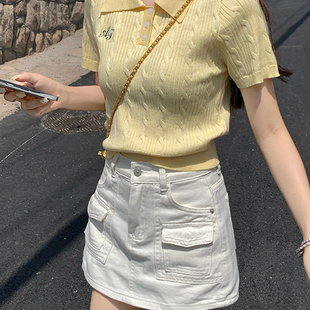 polo衫 新款 修身 上衣 短款 黄色正肩短袖 冰爽丝针织衫 t恤女2025夏季