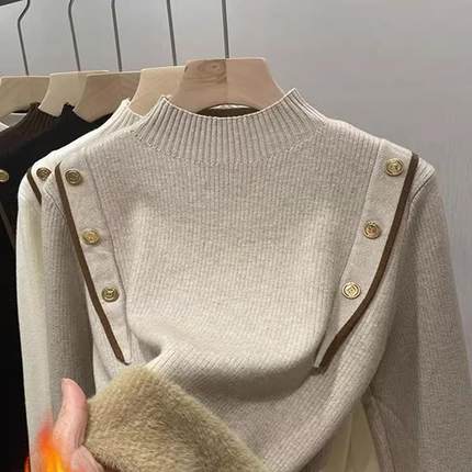 加绒加厚毛衣女2023新款秋冬季一体绒高级感洋气内搭保暖女上衣潮