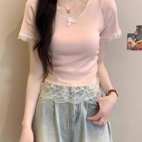 韩式蕾丝花边拼接针织衫女秋冬显瘦内搭保暖v领打底衫甜美风上衣