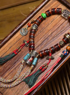 藏式文玩佛珠回流牦牛骨手持桶珠老料嘎乌盒吊坠料器阿呆复古手串