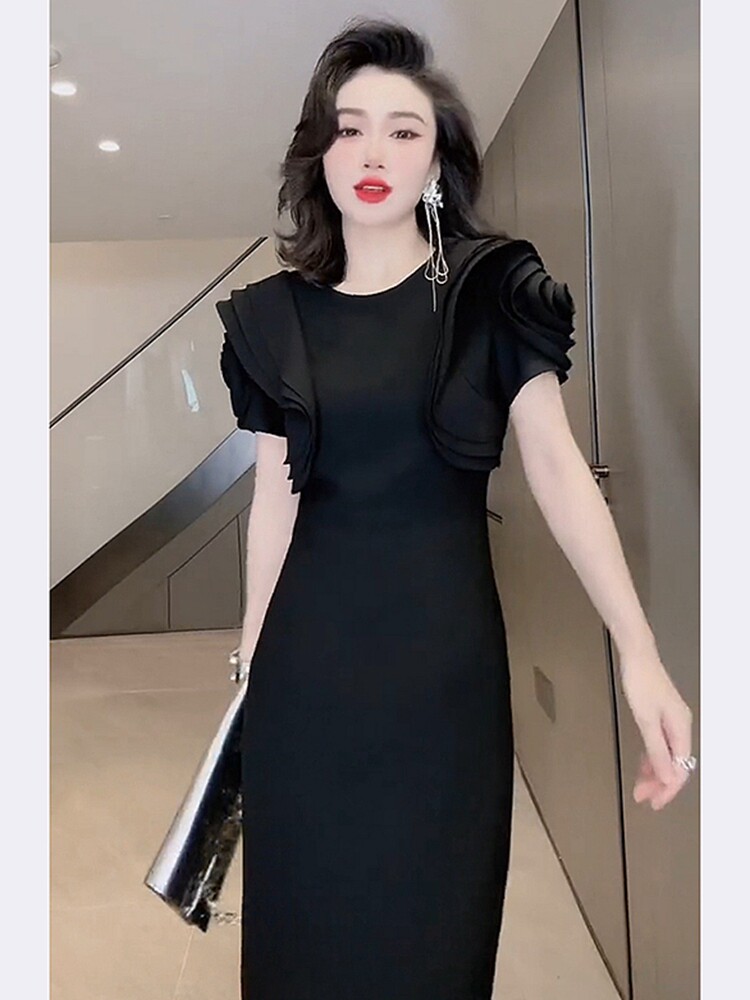 SHOPPING MALL CABINET WITHDRAWAL WOMENS SUMMER HIGH-END LIGHT LUXURY TEMPERAMENT HIGH-END FRENCH FORMAL OCCASION WAIST BLACK DRESS