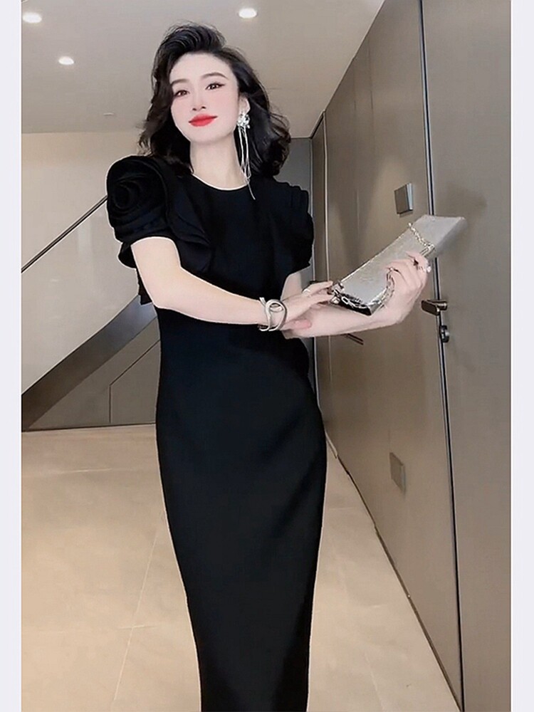 SHOPPING MALL CABINET WITHDRAWAL WOMENS SUMMER HIGH-END LIGHT LUXURY TEMPERAMENT HIGH-END FRENCH FORMAL OCCASION WAIST BLACK DRESS